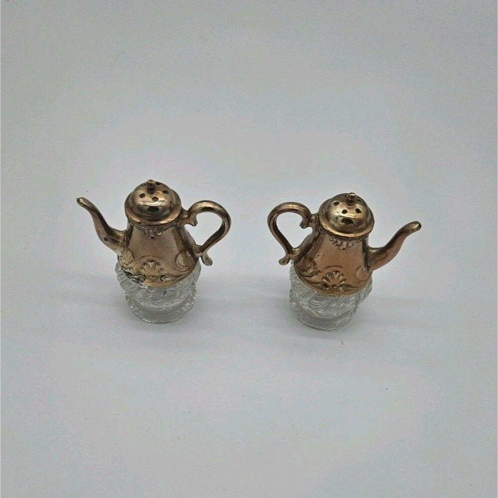 Vintage Mini Teapot Salt Pepper Shakers Silverplate Pressed Glass Pair